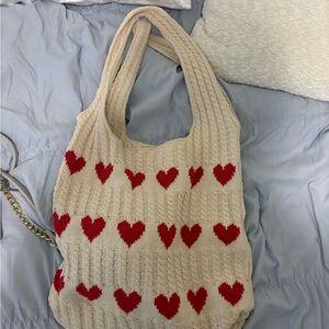 Red Heart Patterned Knit Tote Bag